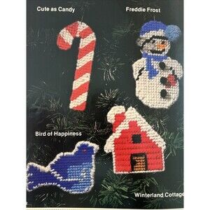 Plastic Canvas Needlepoint Holiday Pattern Candy Came Snowman Bird Cabin